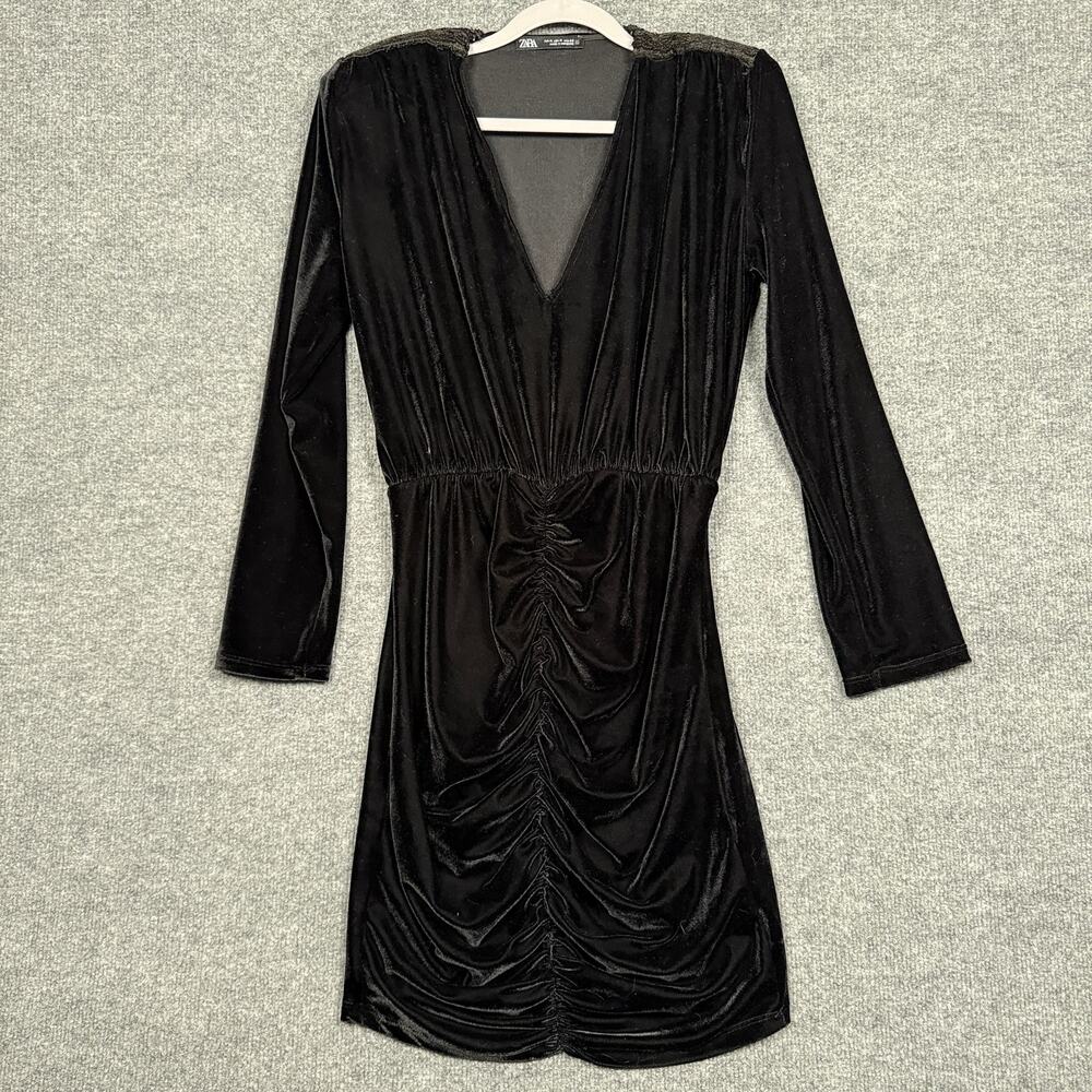Zara Size Medium Velvet Mini Sheath Dress‎ Black V Neck Ruched Long Sleeves